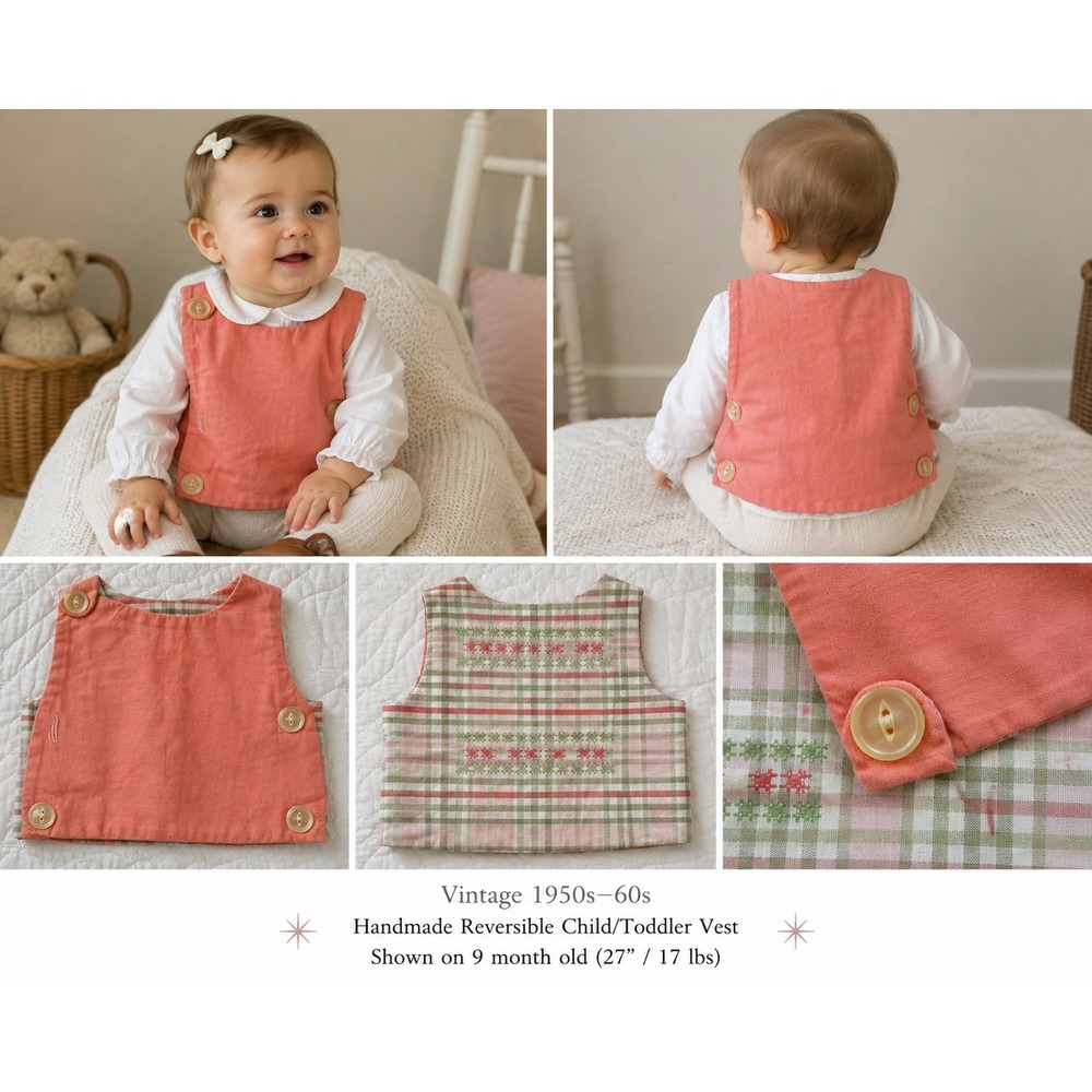 Vintage 1960s Handmade Reversible Child Vest Pink Plaid Embroidered Mid-Century